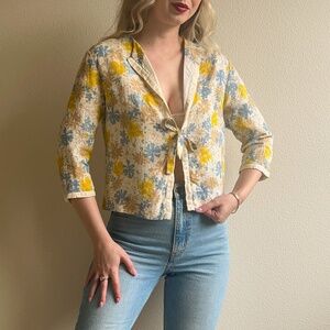 Vintage 1960s Vera Blue and Yellow Floral Summer Blouse (S/M)